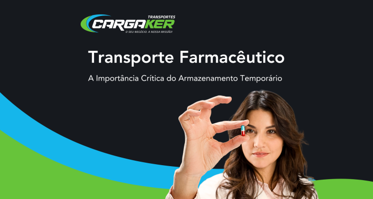 Imagem Promocional Da Empresa De Transportes Cargaker Sobre Transporte Farmacêutico. O Fundo Apresenta Um Design Moderno Com Ondas Em Tons De Azul E Verde Sobre Um Fundo Escuro. No Centro, Uma Mulher Morena De Cabelo Comprido Ondulado, Vestindo Uma Blusa Branca, Segura Delicadamente Uma Cápsula Medicinal Verde E Branca Entre Os Dedos, Posicionando-a Próxima Ao Olho Direito. O Texto Principal Em Branco Destaca "Transporte Farmacêutico" Seguido Do Subtítulo "A Importância Crítica Do Armazenamento Temporário". O Logótipo Da Cargaker Aparece No Canto Superior Esquerdo Com O Slogan "O Seu Negócio A Nossa Missão